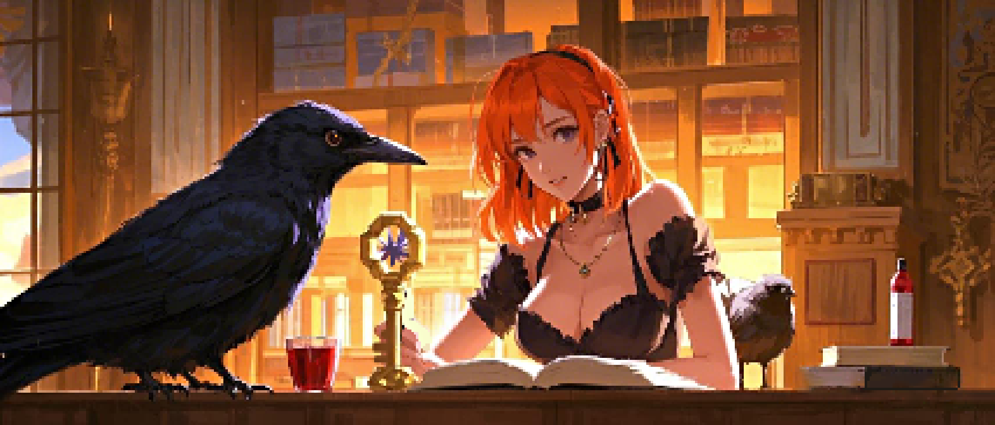 Girl and Raven in the Library